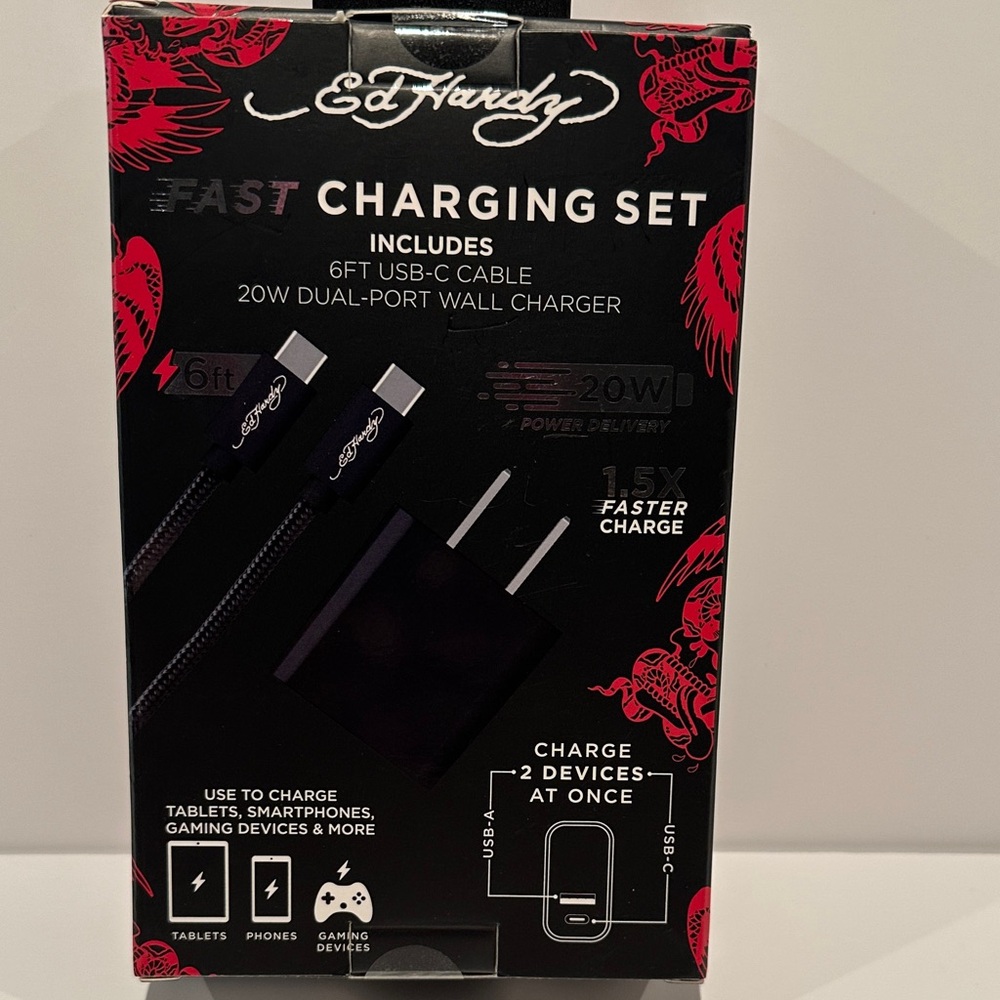 NIB Ed Hardy Fast Charging Set with 6 Ft. USB-C to USB-C Cable.